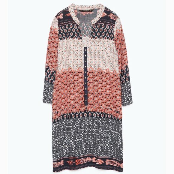 Zara Basic Moroccan Printed Blue/ orange pattern Tunic Dress Size Small - Picture 1 of 11